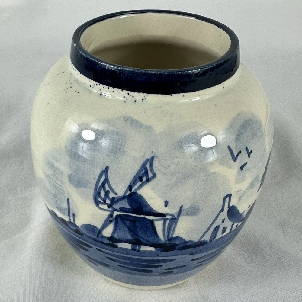 Vintage Delfts Handpainted Blue White Windmill Ginger Jar Pair Small 3.5